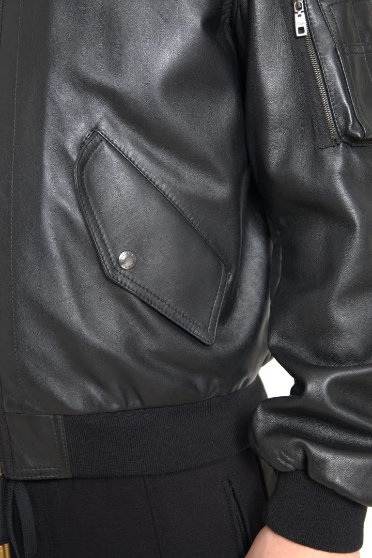 Elegant Black Leather Bomber Jacket sold by Louxly product image thumbnail 3