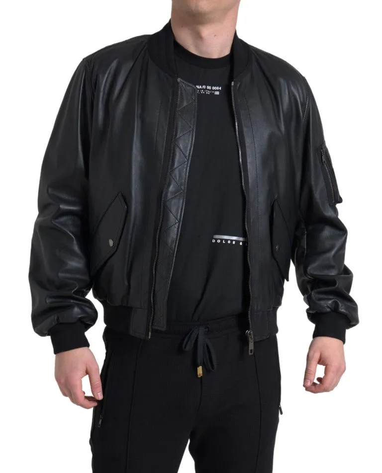 Elegant Black Leather Bomber Jacket sold by Louxly product image thumbnail 4
