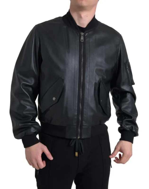 Elegant Black Leather Bomber Jacket sold by Louxly