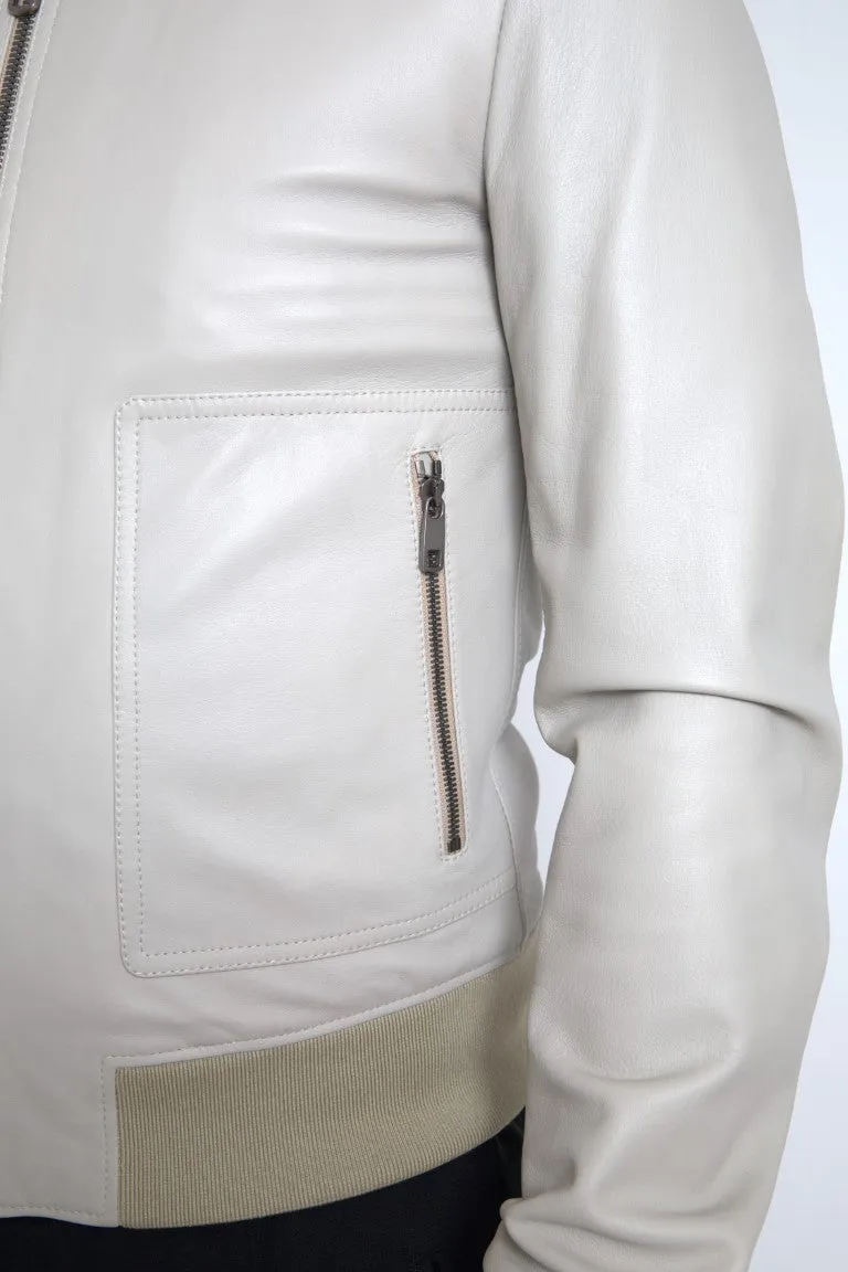 Cream Leather Bomber Jacket sold by Louxly product image thumbnail 4