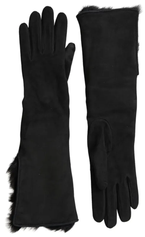 Elegant Leather Elbow Length Gloves with Fur Trim sold by Louxly
