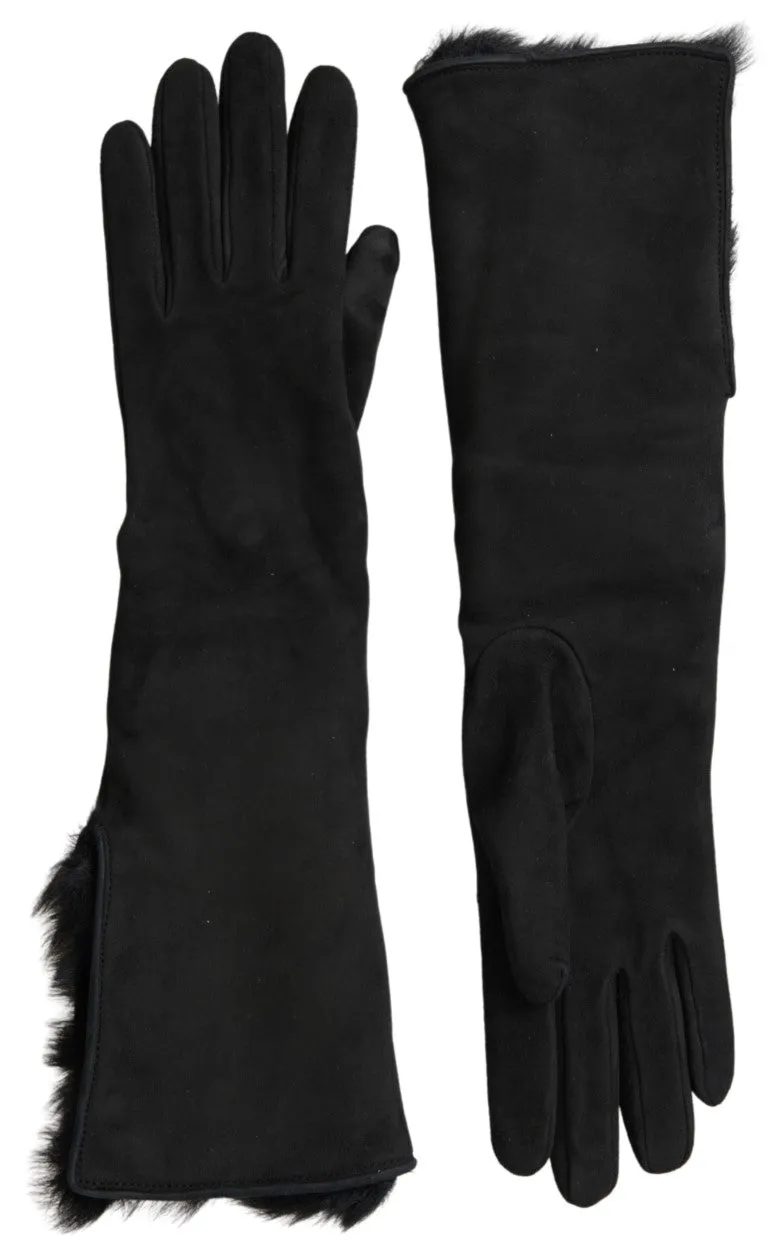 Elegant Leather Elbow Length Gloves with Fur Trim sold by Louxly