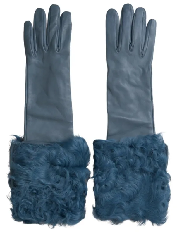 Elegant Blue Leather Gloves with Fur Trim sold by Louxly
