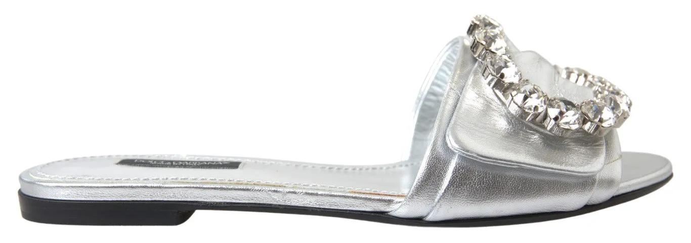Crystal-Embellished Silver Leather Slides sold by Louxly