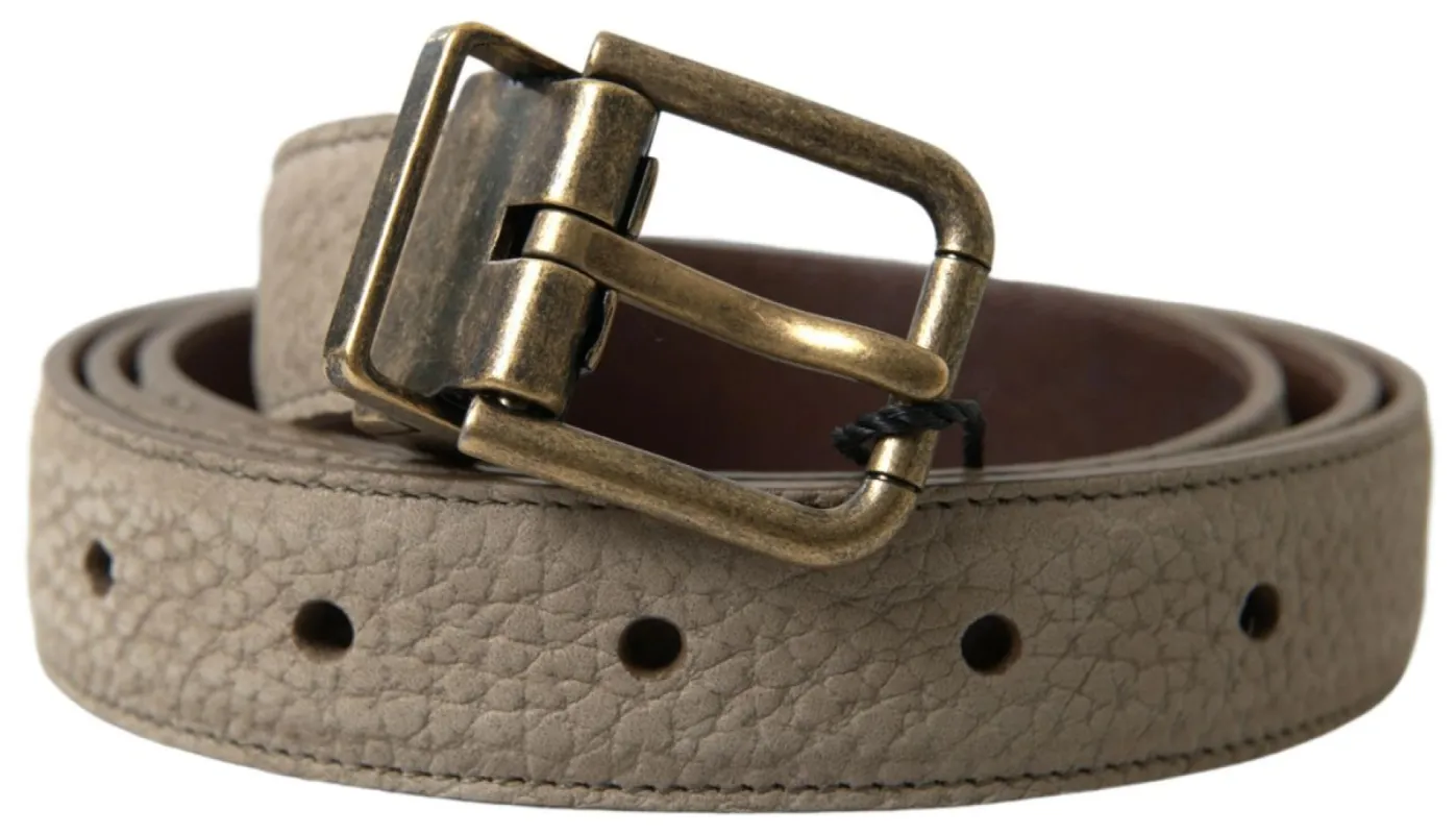 Elegant Beige Leather Belt with Metal Buckle sold by Louxly