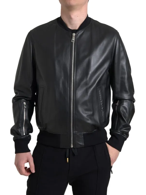 Elegant Black Leather Bomber Jacket sold by Louxly