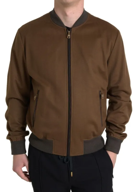 Elegant Brown Cashmere Bomber Jacket sold by Louxly