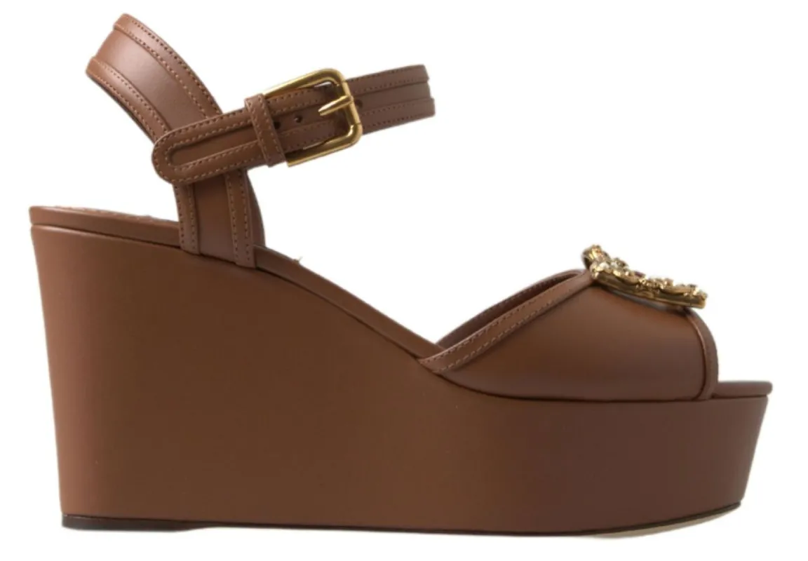 Chic Brown Leather Ankle Strap Wedges sold by Louxly