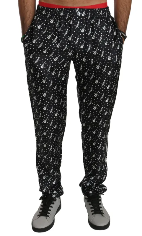 Elegant Black Musical Instrument Print Silk Pants sold by Louxly