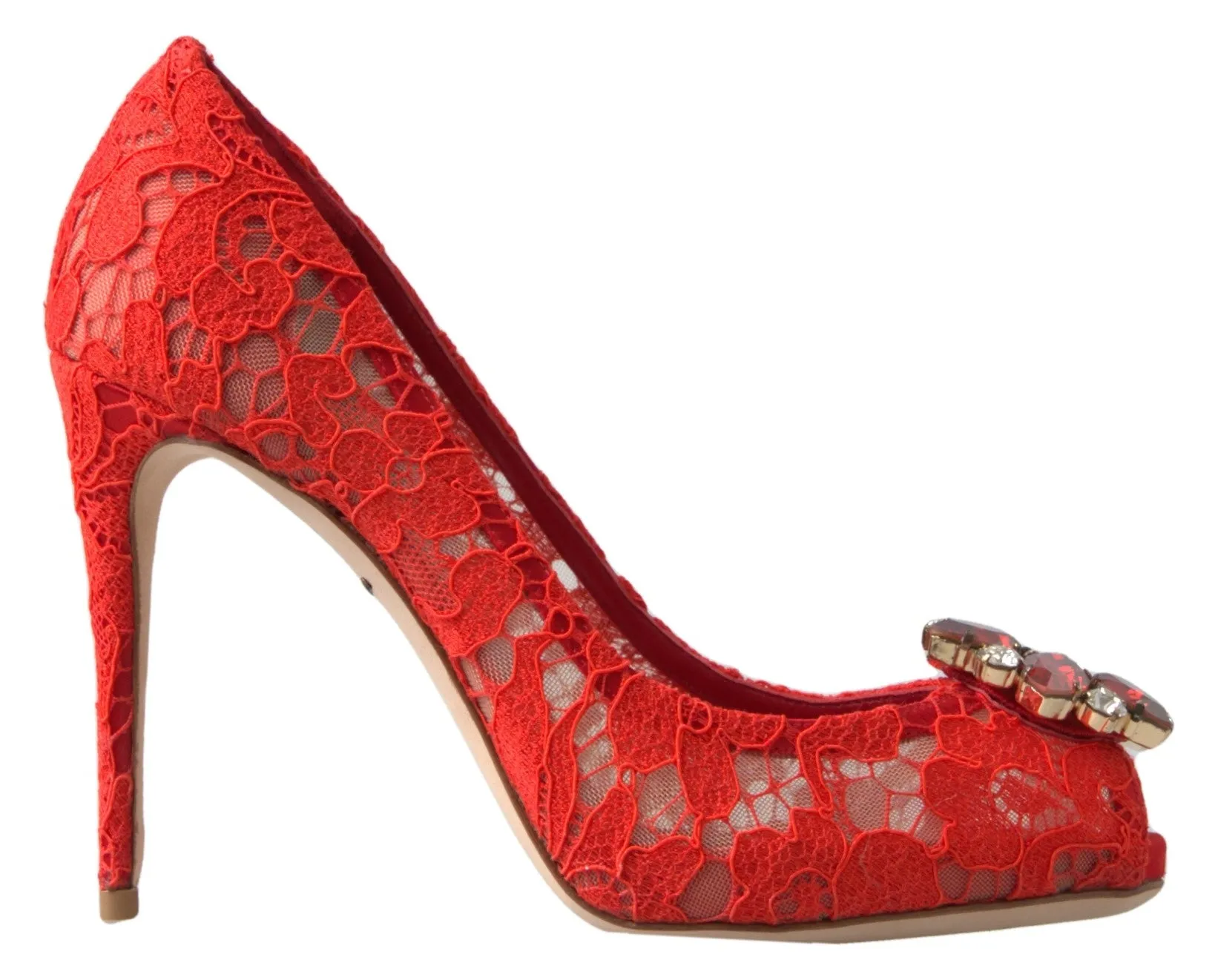 Chic Red Lace Heels with Crystal Embellishment sold by Louxly