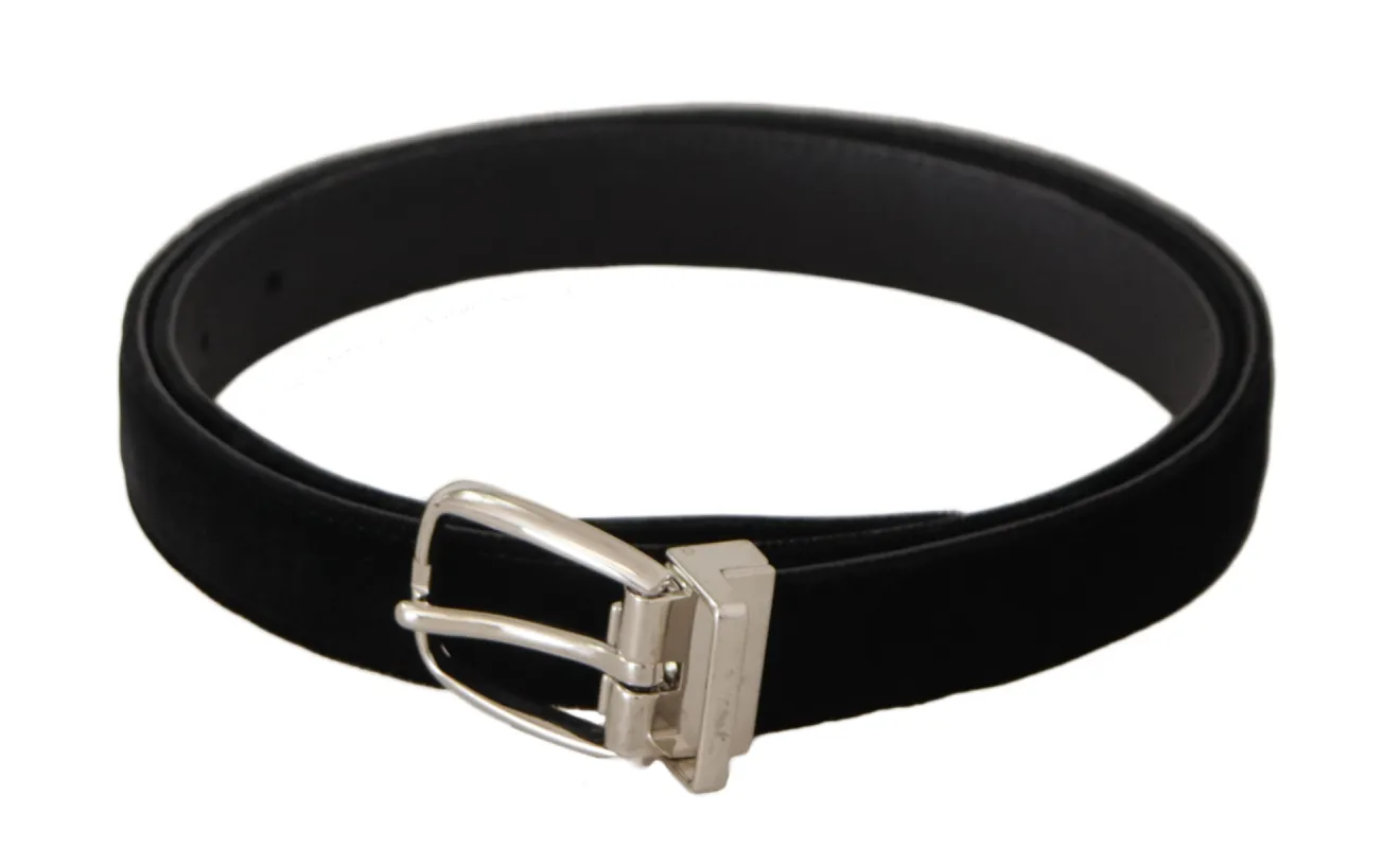 Elegant Velvet Black Belt with Logo Buckle sold by Louxly