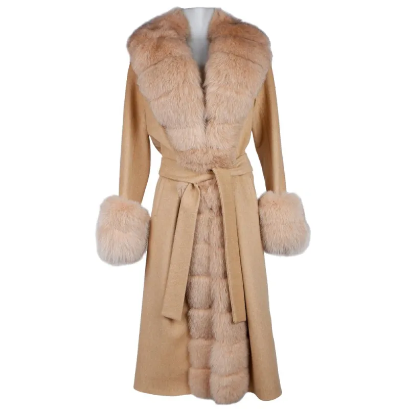 Elegant Beige Wool Coat with Fox Fur Trim sold by Louxly
