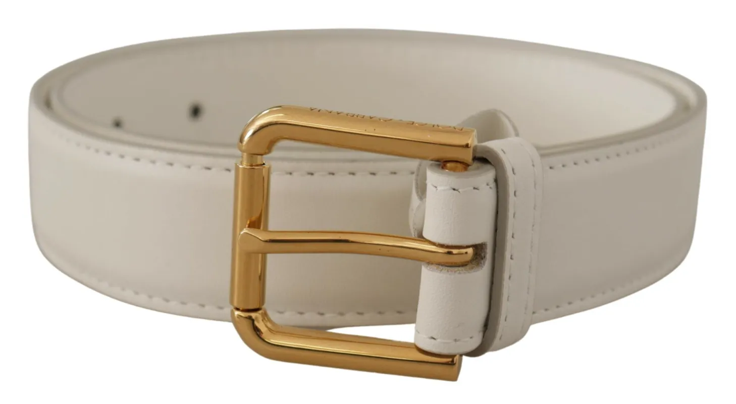Chic White Leather Belt with Gold Engraved Buckle sold by Louxly