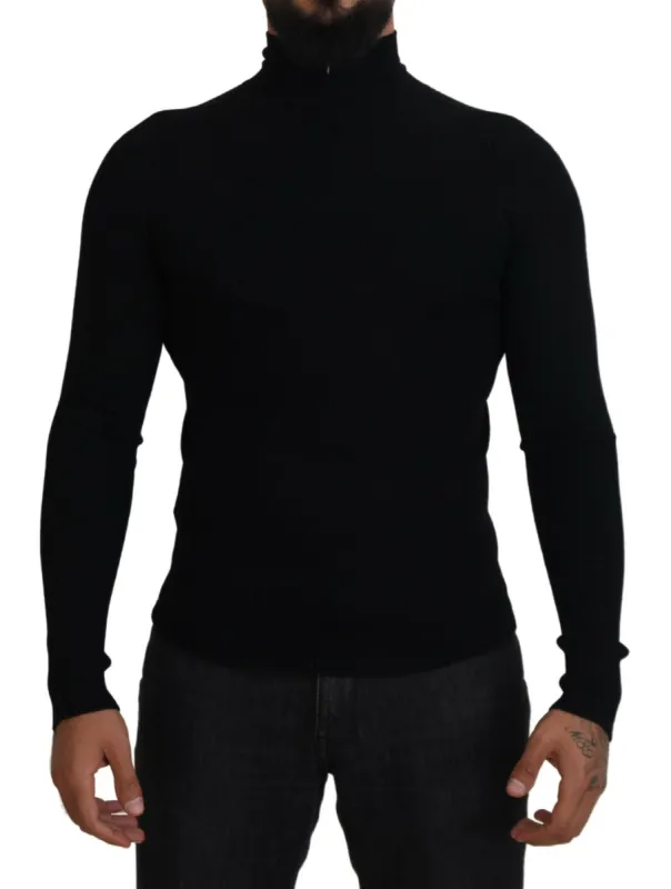 Elegant Black Wool Half Zip Turtleneck Sweater sold by Louxly