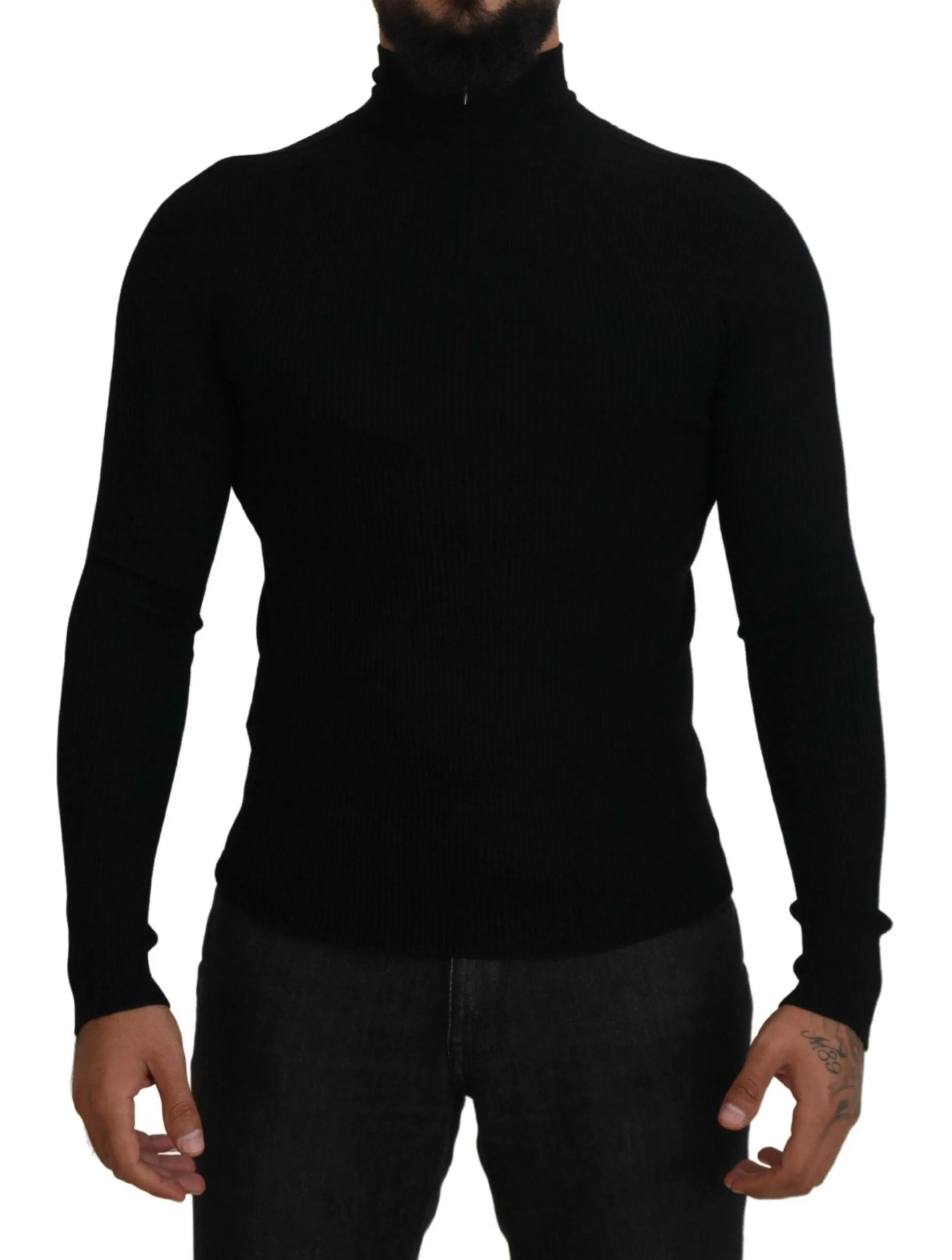 Elegant Black Wool Half Zip Turtleneck Sweater sold by Louxly