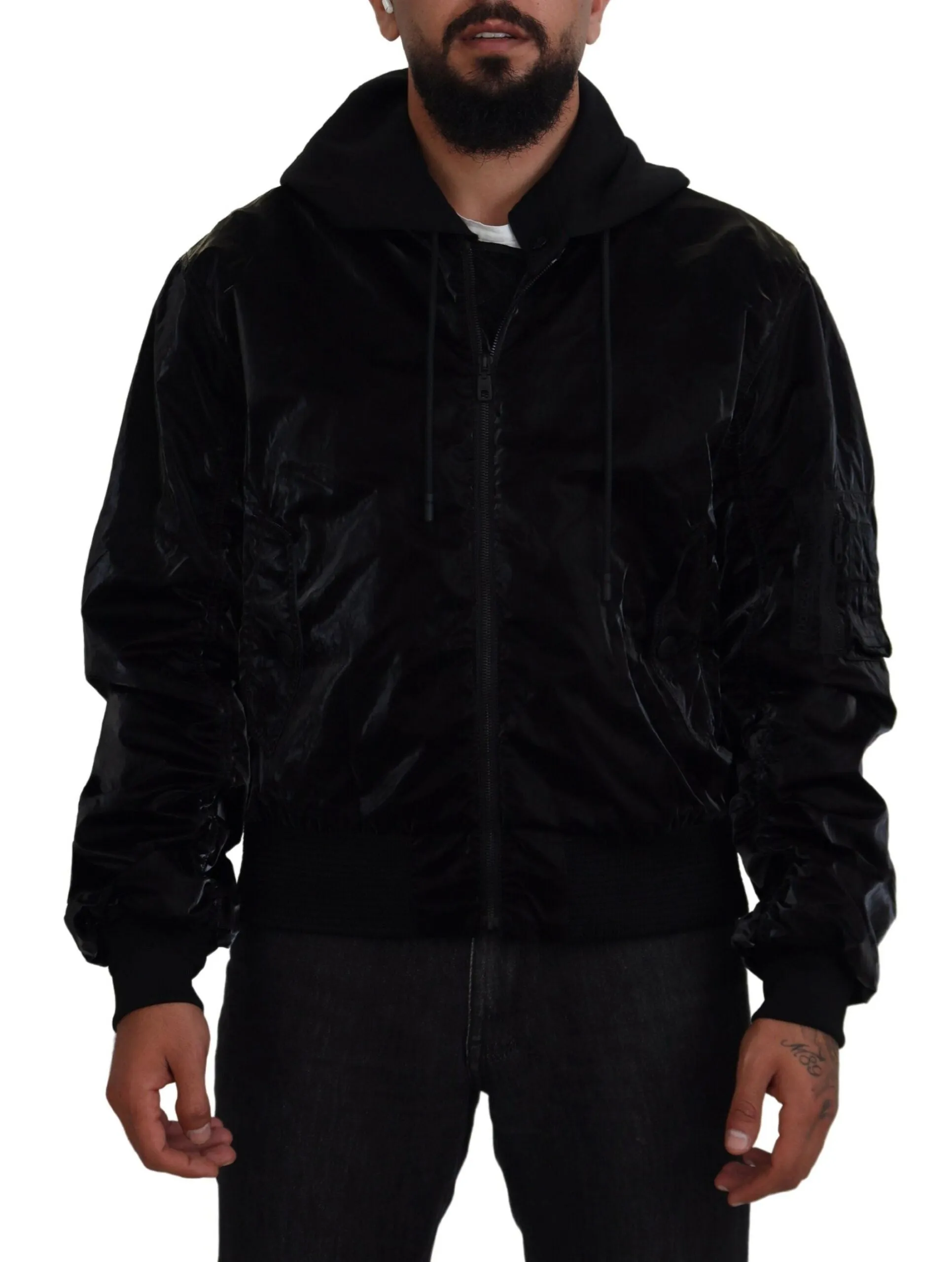 Elegant Black Bomber Hooded Jacket sold by Louxly