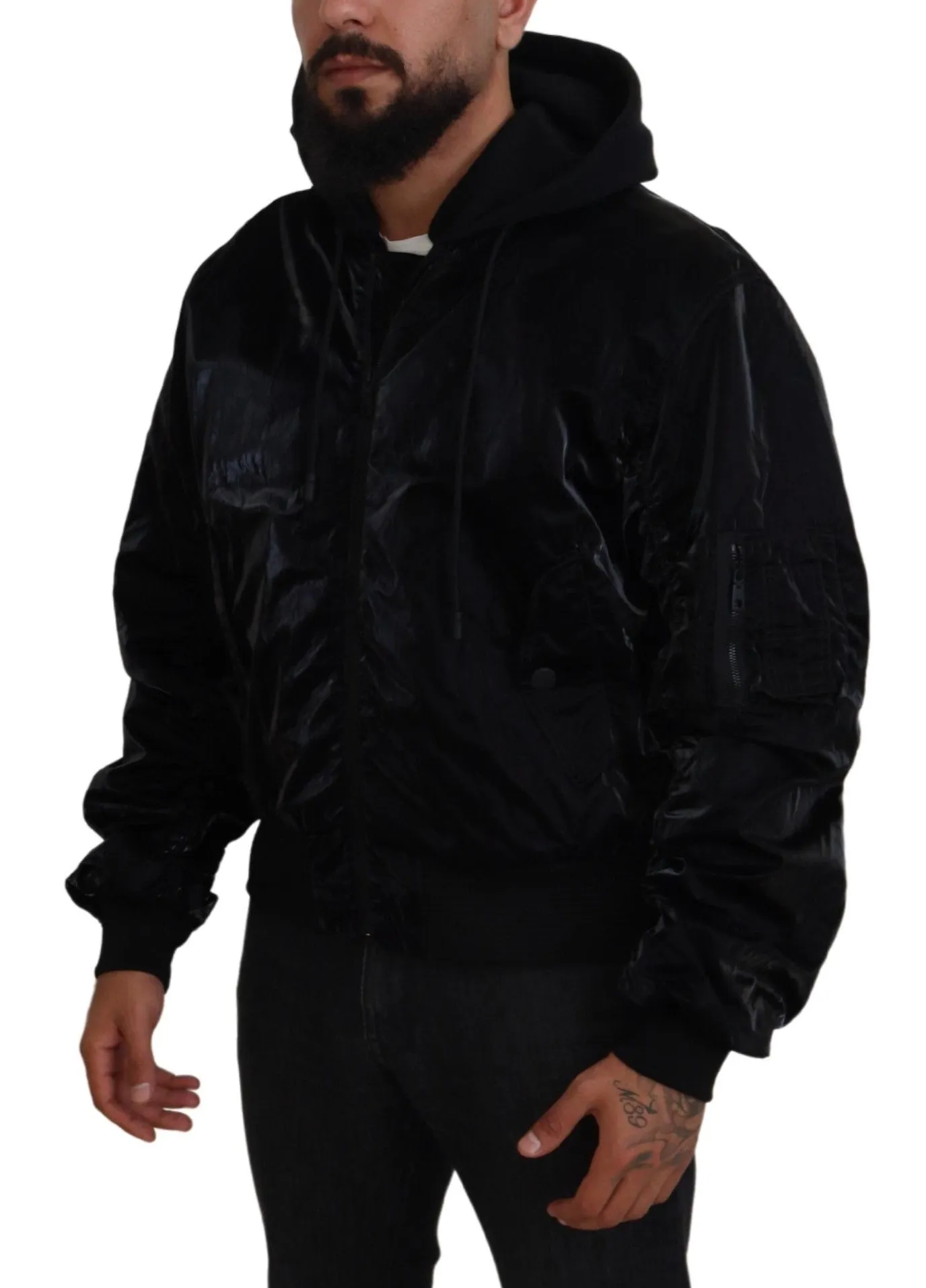 Elegant Black Bomber Hooded Jacket sold by Louxly product image thumbnail 5