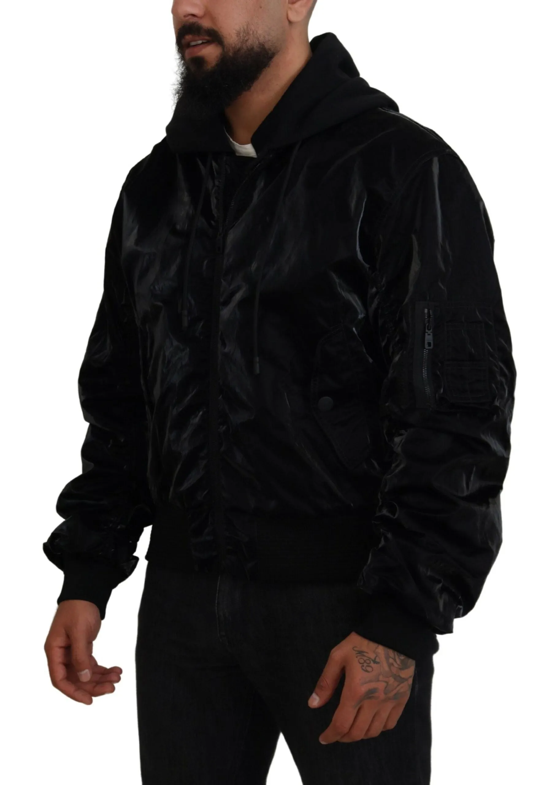 Elegant Black Bomber Hooded Jacket sold by Louxly product image thumbnail 2