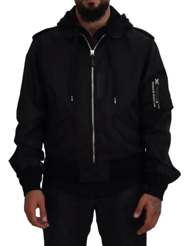 Sleek Black Hooded Bomber Jacket sold by Louxly