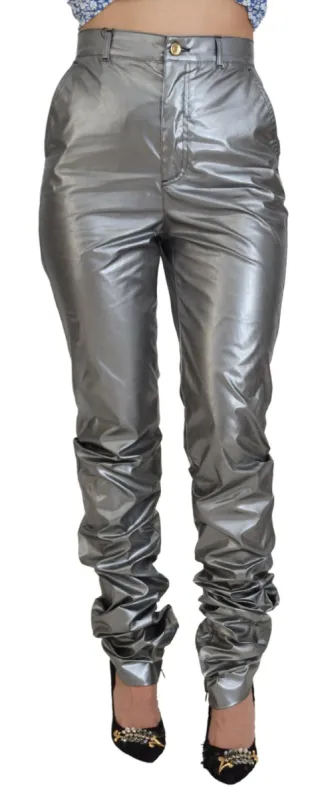 Elegant High Waist Skinny Pants in Silver sold by Louxly