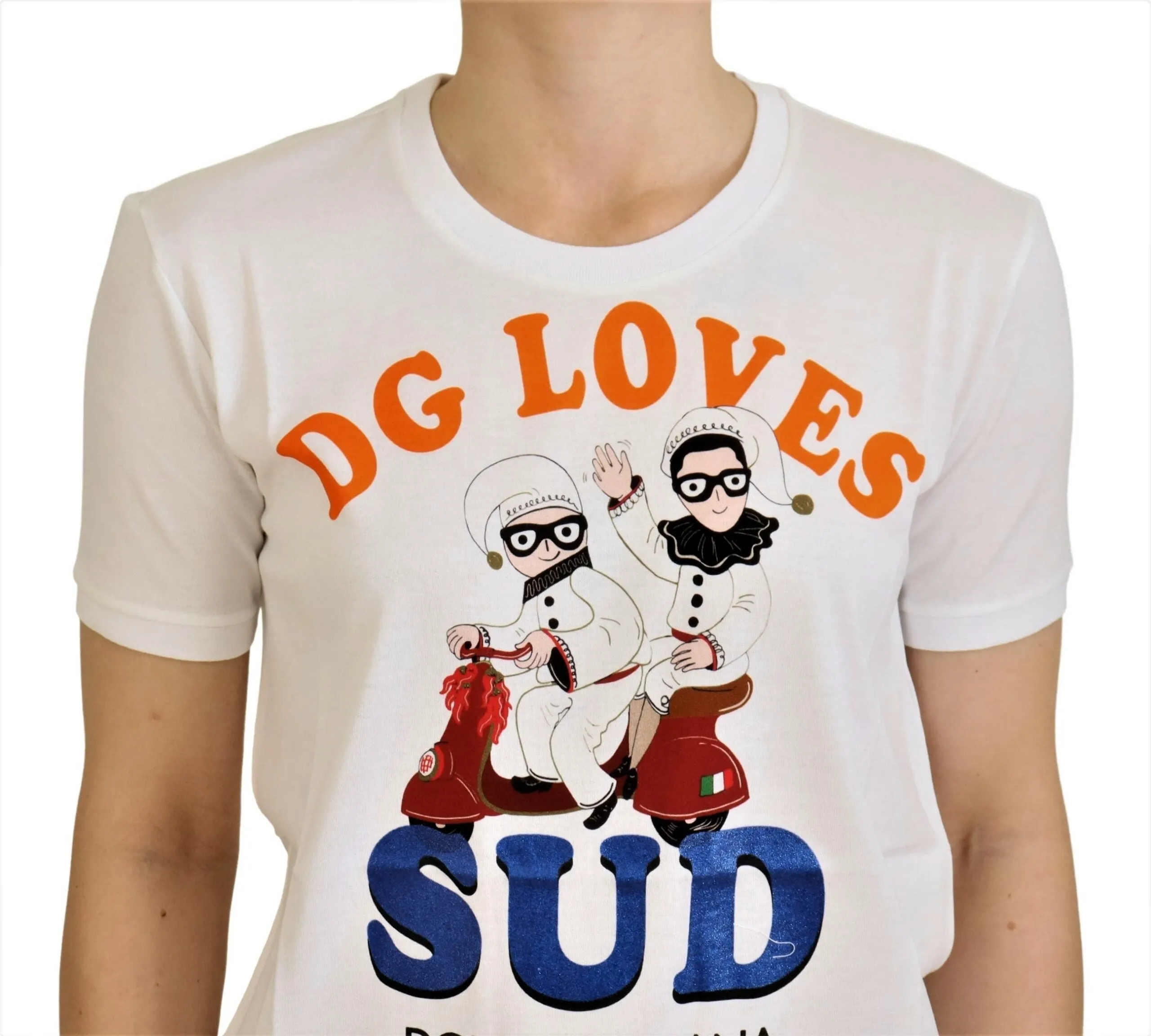 Elegant White Crew Neck Tee with Colorful Print sold by Louxly product image thumbnail 3