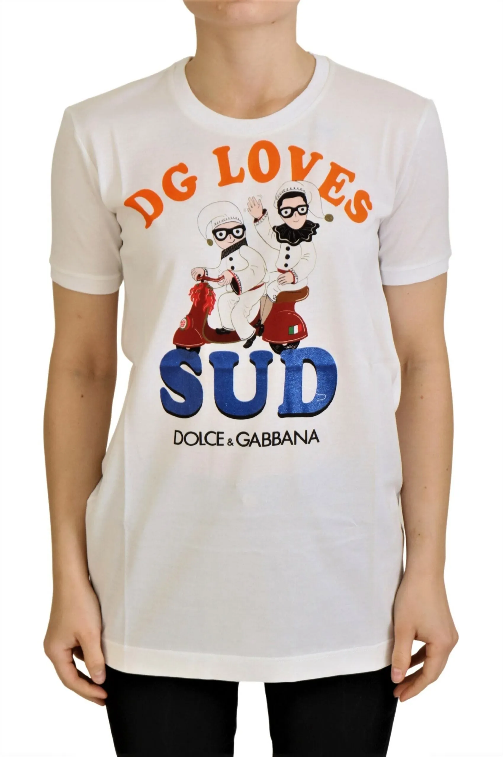 Elegant White Crew Neck Tee with Colorful Print sold by Louxly