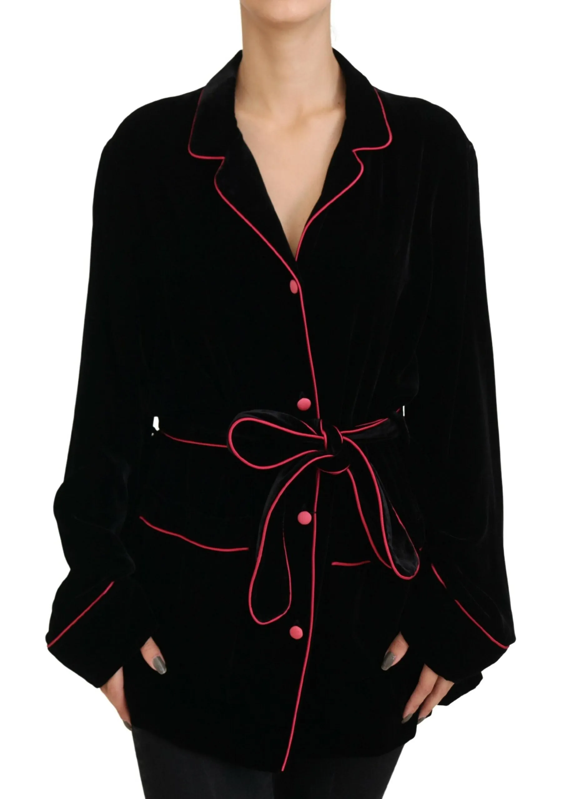 Elegant Black Silk-Blend Jacket with Waist Belt sold by Louxly