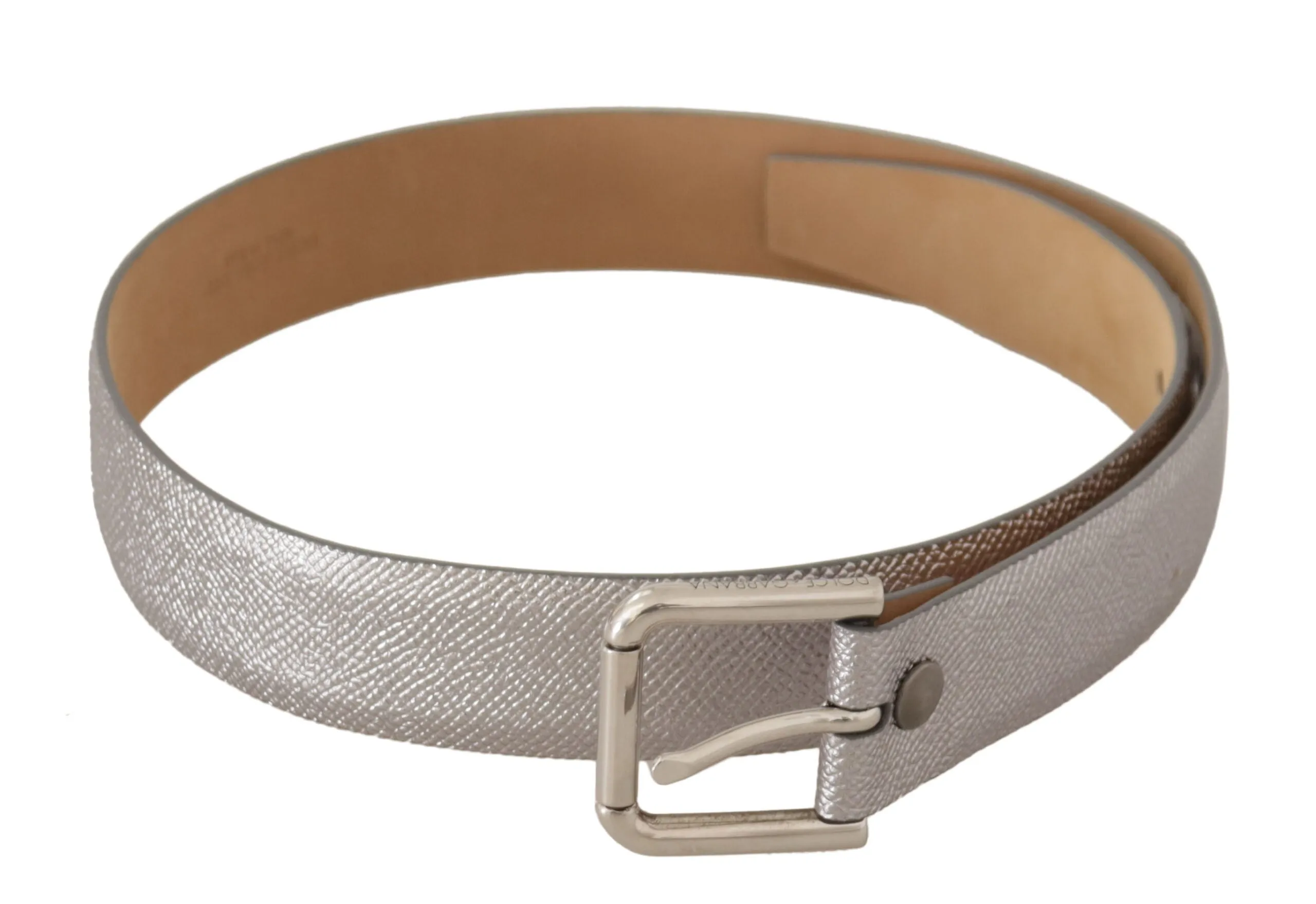 Elegant Silver Leather Belt with Engraved Buckle sold by Louxly