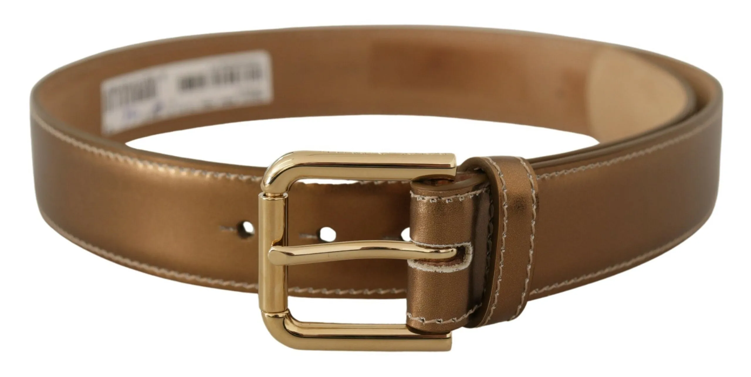 Elegant Bronze Leather Belt with Logo Buckle sold by Louxly