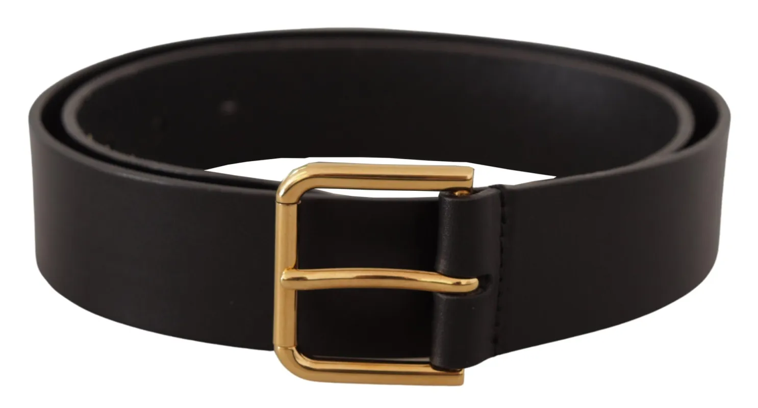 Elegant Black Leather Belt with Gold-Tone Buckle sold by Louxly