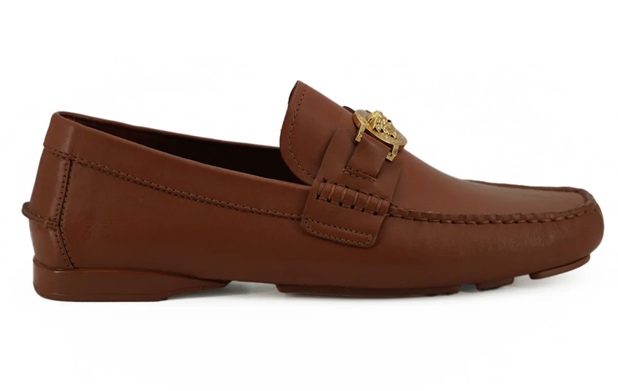 Elegant Medusa-Embossed Leather Loafers sold by Louxly