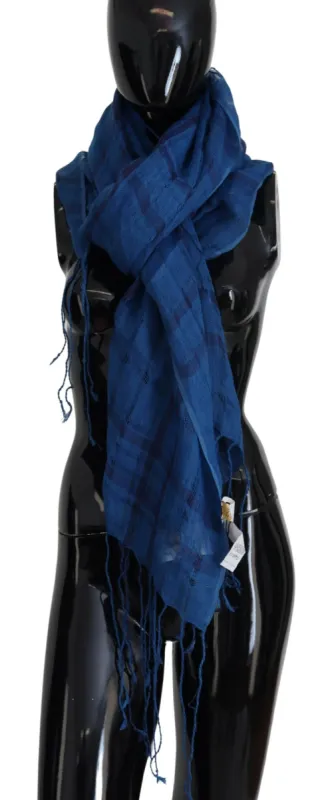 Chic Linen Fringed Scarf in Blue Checkered sold by Louxly