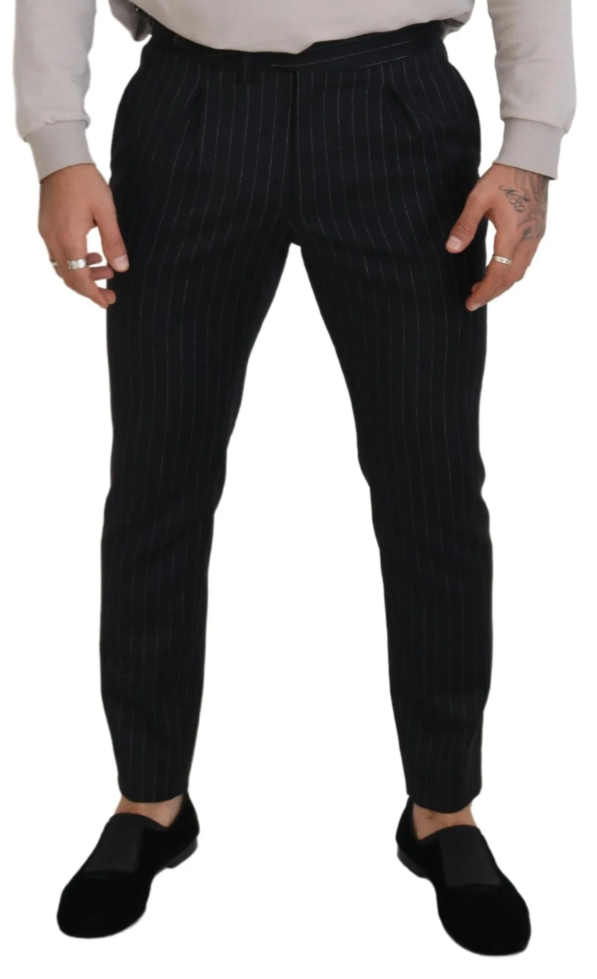 Elegant Black Striped Wool Blend Trousers sold by Louxly product image thumbnail 4