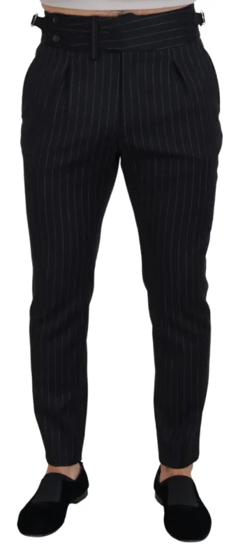 Elegant Black Striped Wool Blend Trousers sold by Louxly