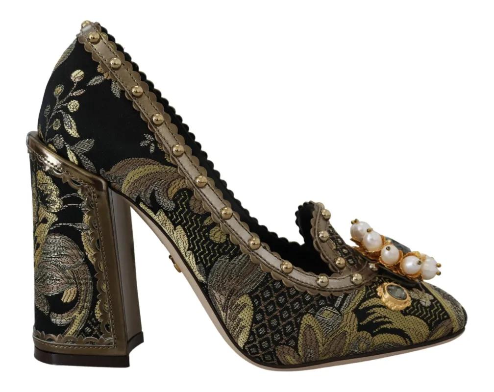 Golden Jacquard Brocade Square Toe Pumps sold by Louxly
