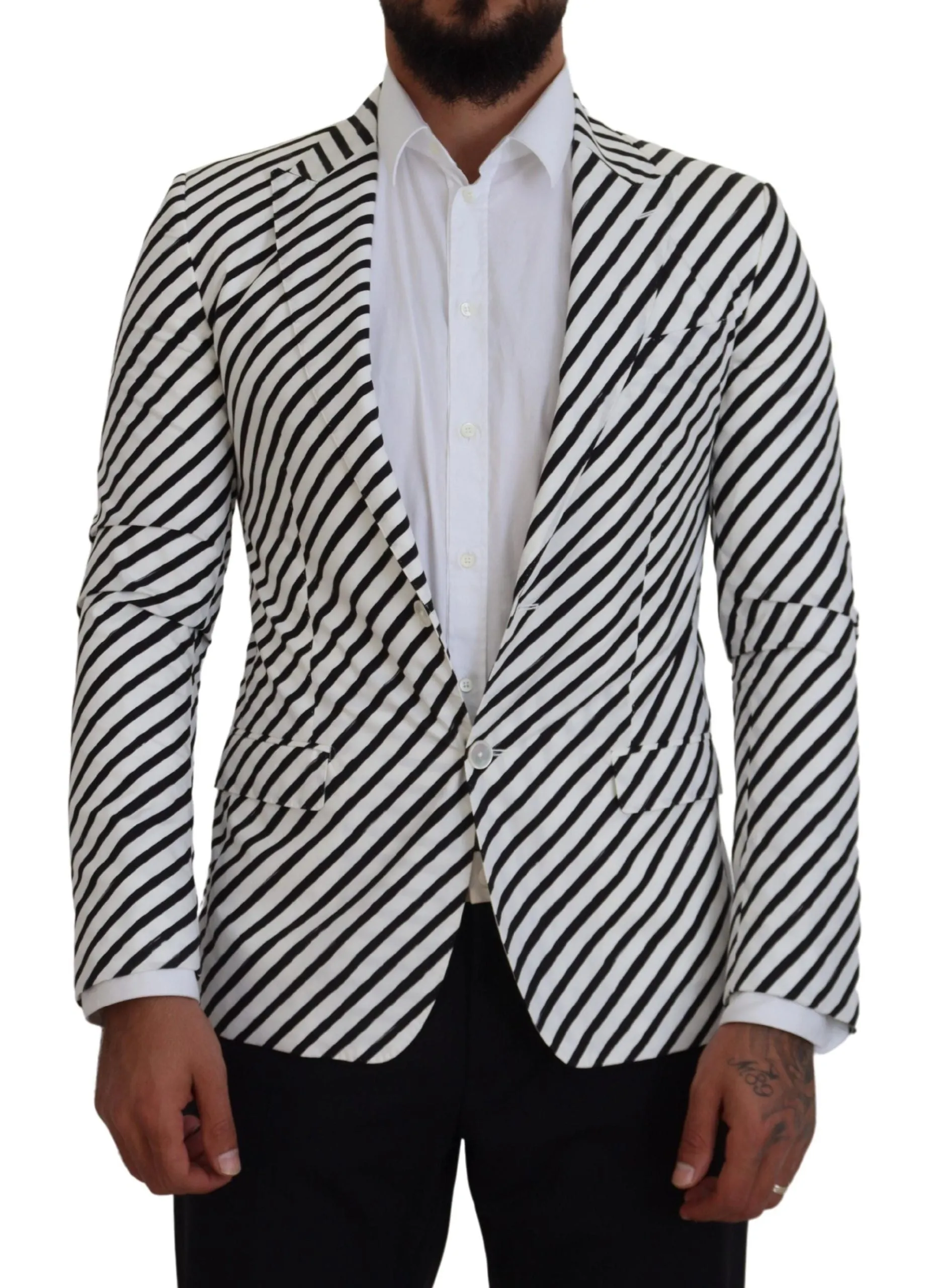 Elegant White Striped Single Breasted Blazer sold by Louxly