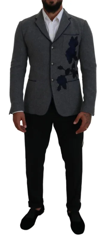 Elegant Gray Wool Blazer with Blue Rose Embroidery sold by Louxly