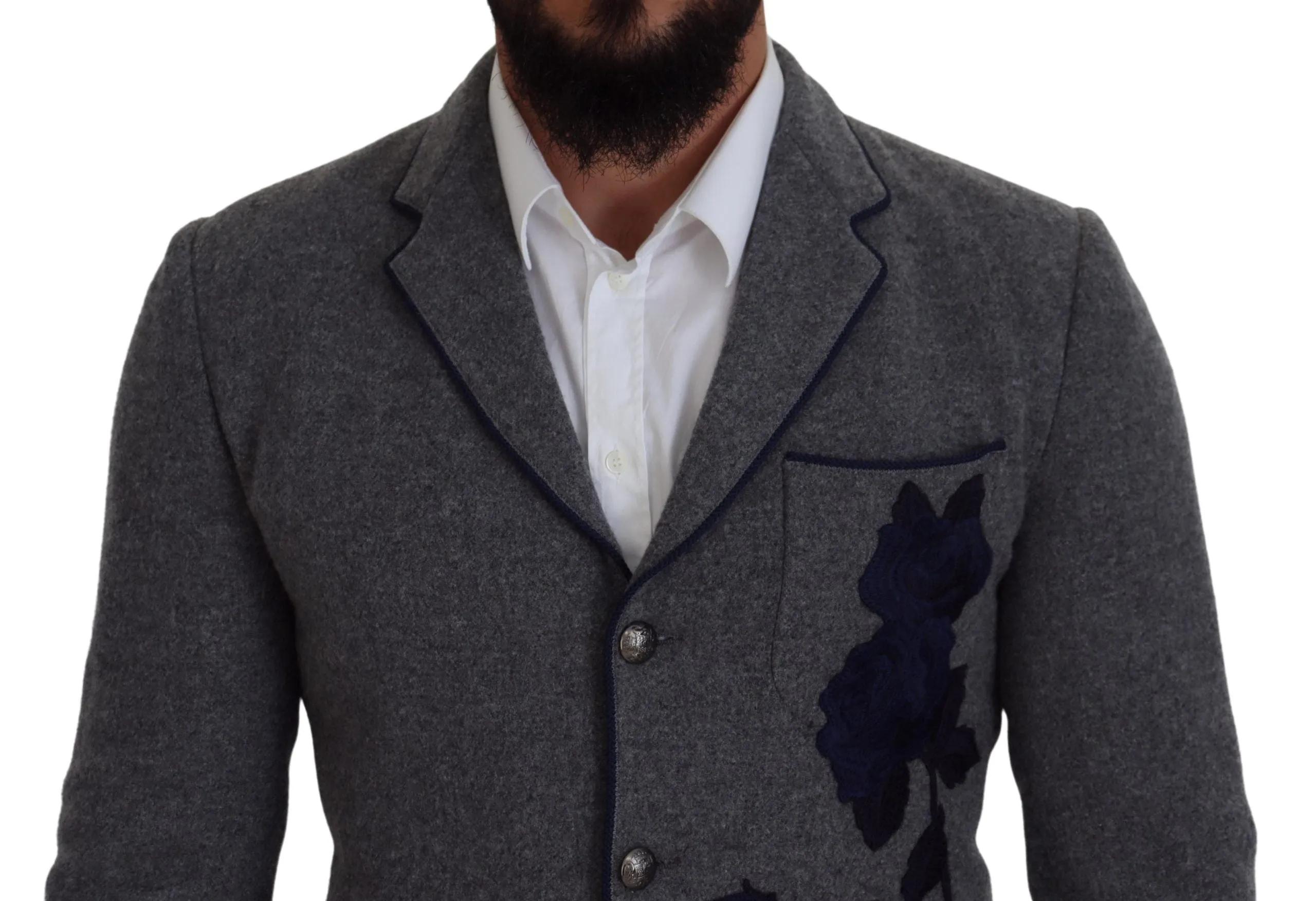 Elegant Gray Wool Blazer with Blue Rose Embroidery sold by Louxly product image thumbnail 3