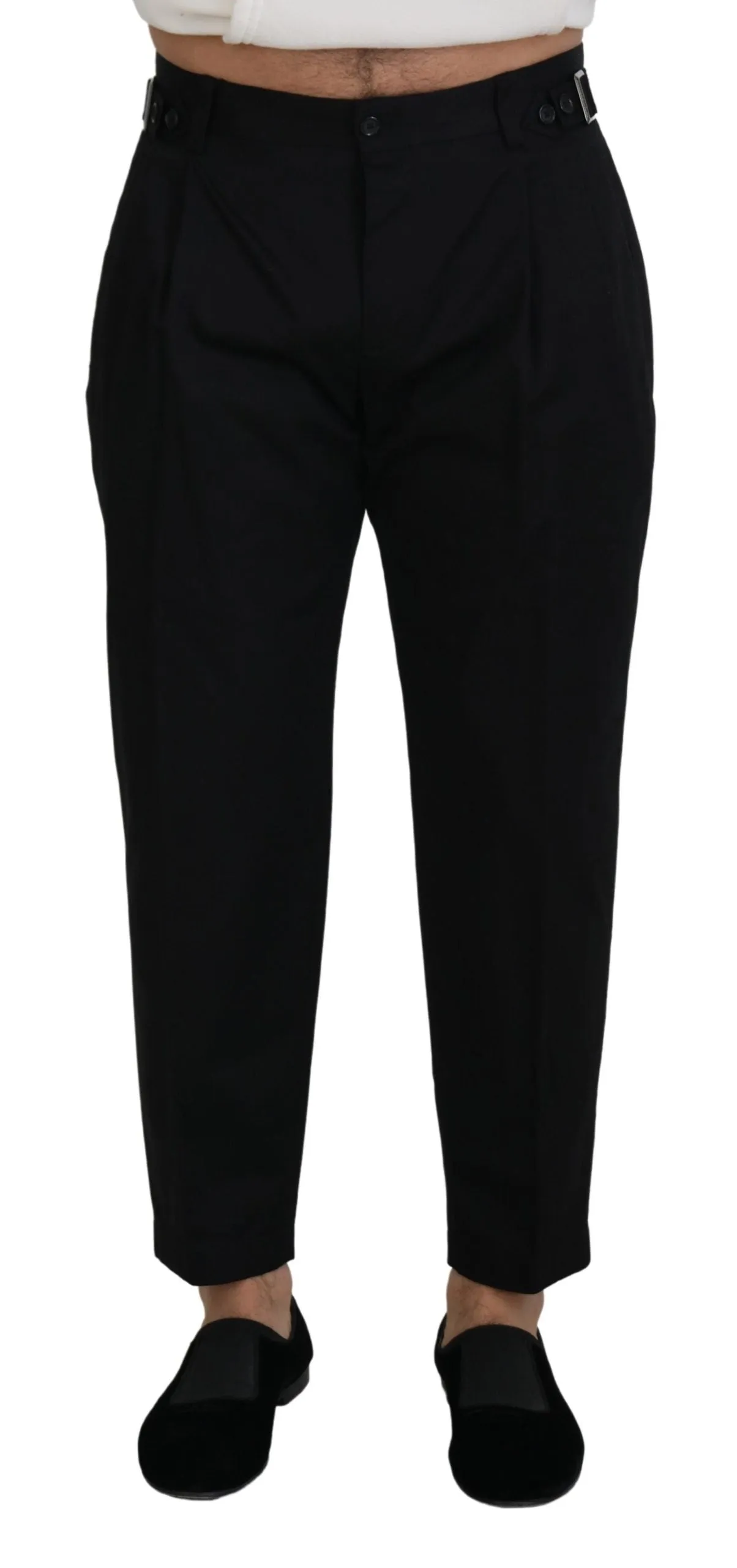 Sleek Black Italian Designer Pants with Side Buckle sold by Louxly