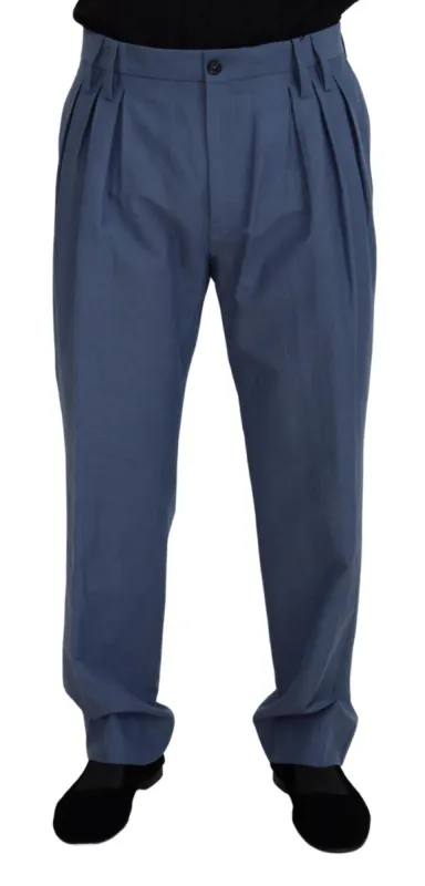 Elegant Blue Linen-Cotton Blend Trousers sold by Louxly