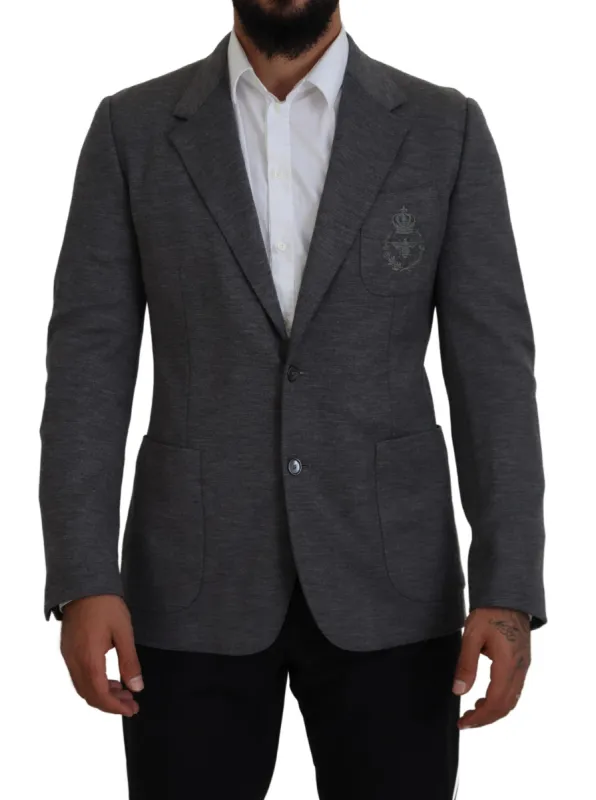 Elegant Gray Wool Blazer with Bee Crown Embroidery sold by Louxly