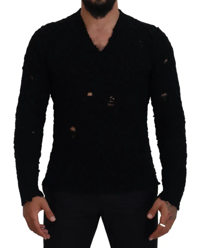 Elegant Black Wool-Blend V-Neck Sweater sold by Louxly