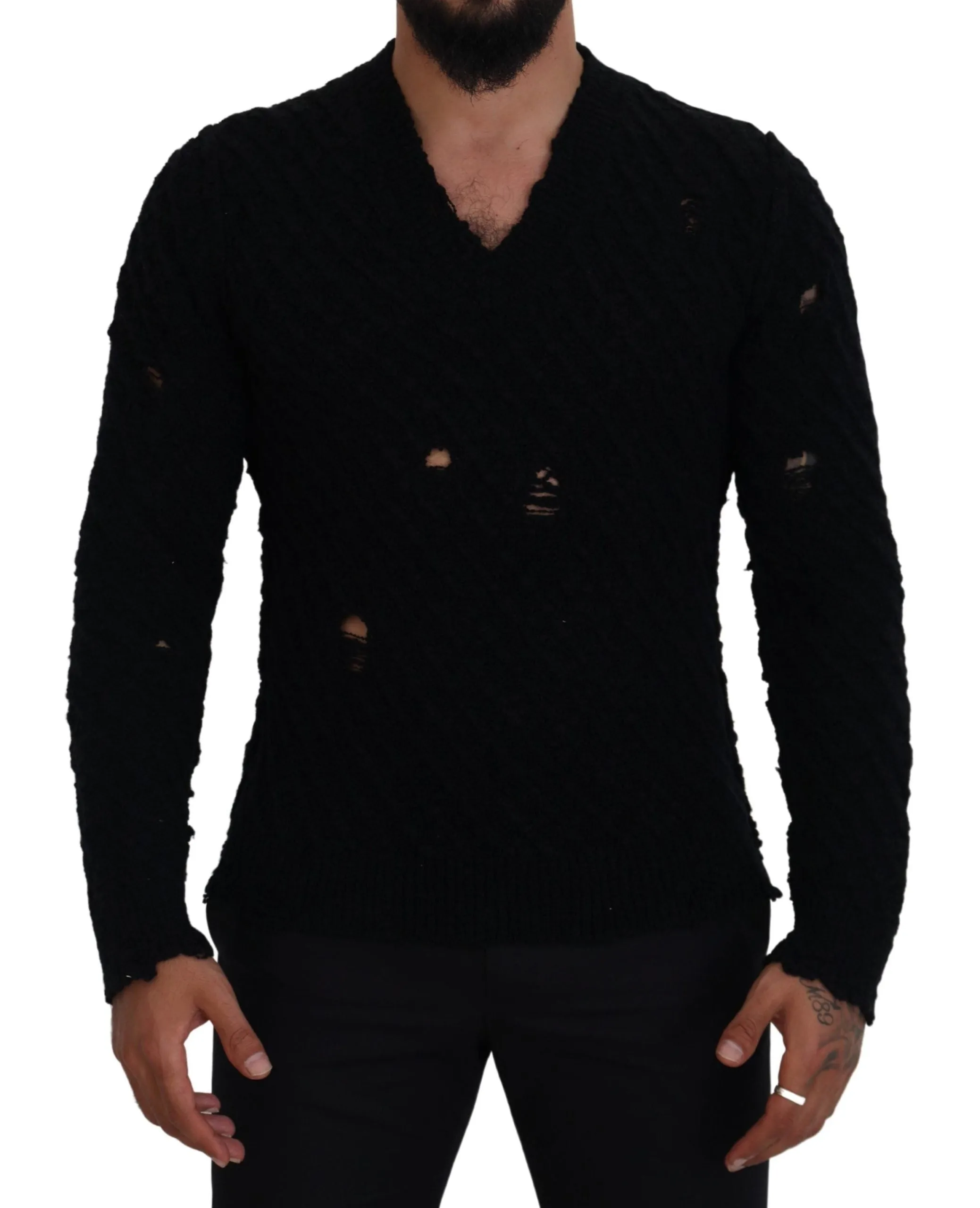 Elegant Black Wool-Blend V-Neck Sweater sold by Louxly