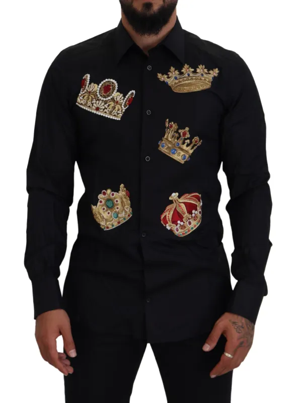 Elegant Black Slim Fit Dress Shirt with Crown Embroidery sold by Louxly