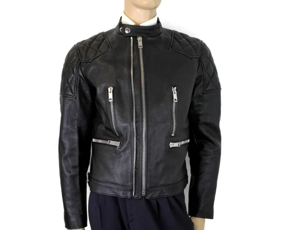 Burberry Men's Black Leather Diamond Quilted Biker Jacket made by Burberry
