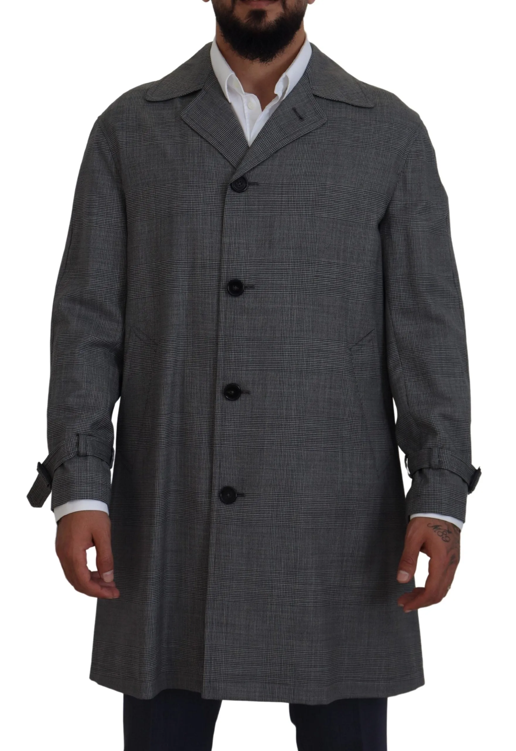 Elegant Gray Plaid Trench Coat sold by Louxly