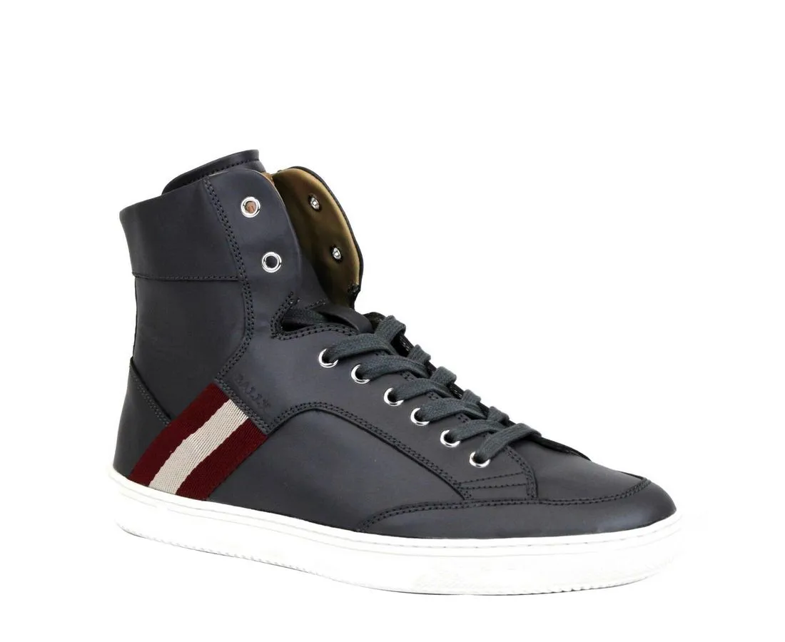 Dark Grey Calf Leather Hi Top Sneaker With Red Beige sold by Louxly