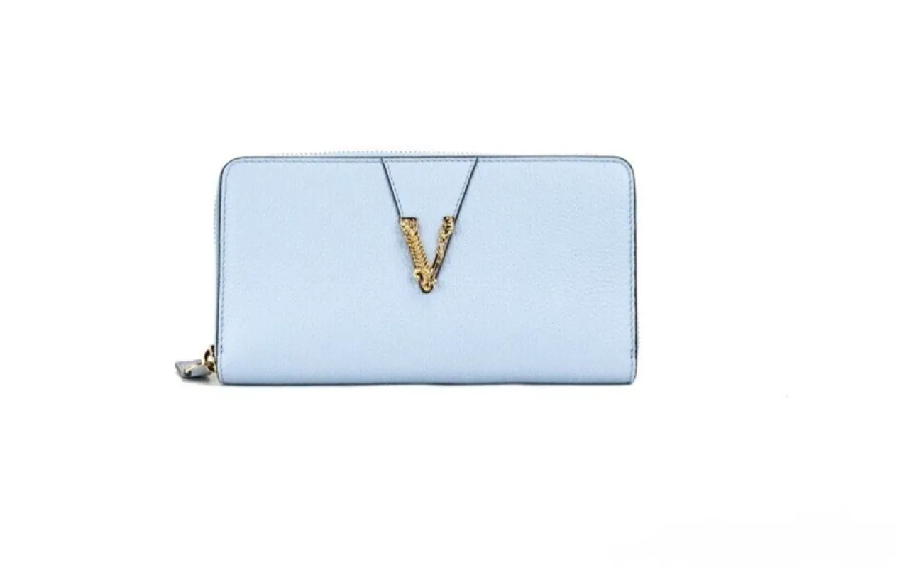 Large Cornflower Grainy Leather Gold Monogram Zip Around Clutch Wallet made by Versace