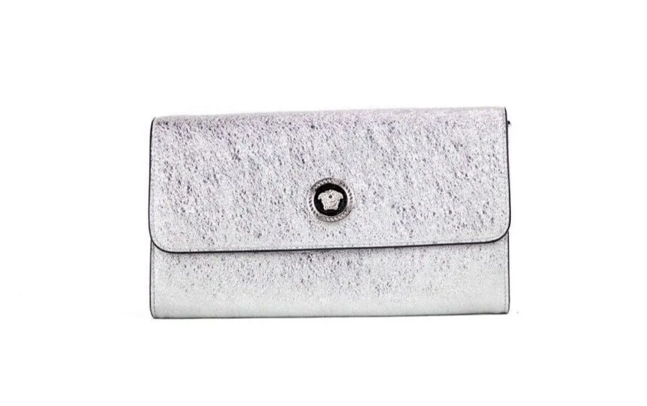 Small Metallic Silver Lamb Leather Medusa Clutch Crossbody Wallet Bag sold by Louxly