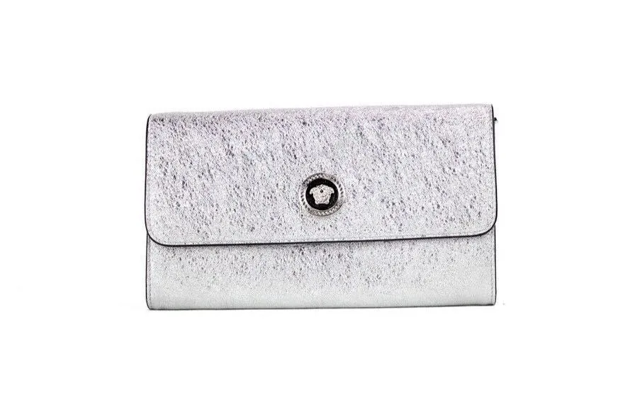 Small Metallic Silver Lamb Leather Medusa Clutch Crossbody Wallet Bag sold by Louxly